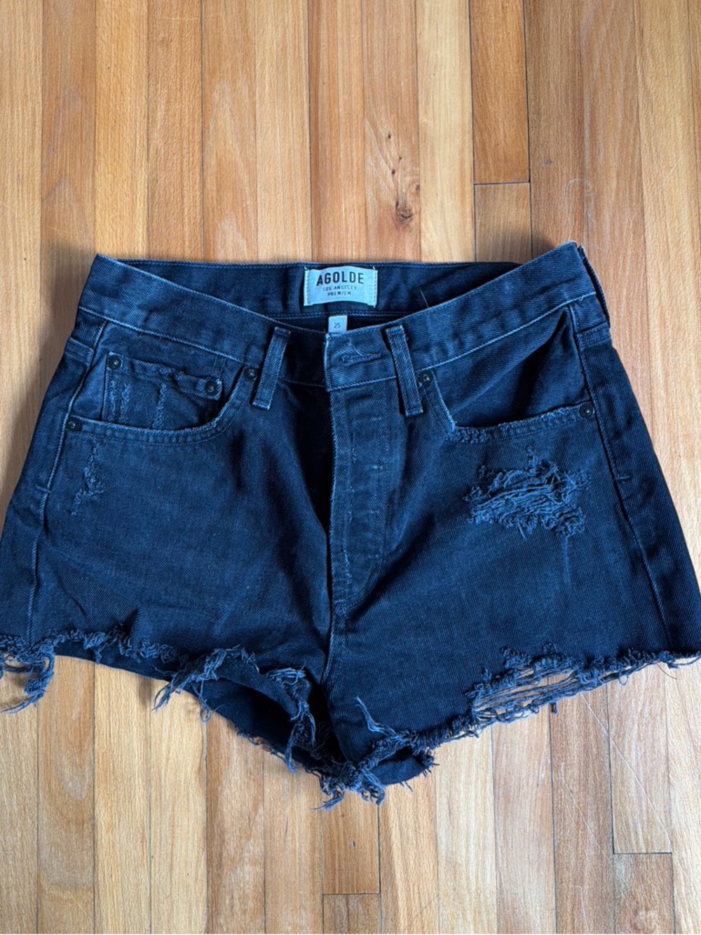 Agolde Black Distressed High-Rise Denim Shorts